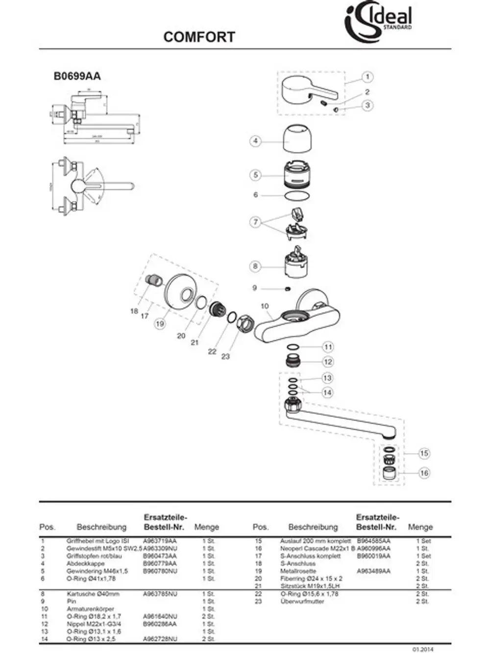 Explosionszeichnung eines Ideal Standard Produkts mit Ersatzteilliste. Teile sind nummeriert und beschriftet, einschließlich O-Ringen und Armaturenkörper. Funktionen und Details sind sichtbar.